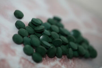 Green pills close up medical spirulina platensis space food modern high quality prints