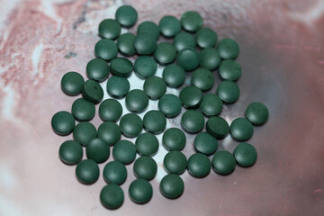 Green pills close up medical spirulina platensis space food modern high quality prints