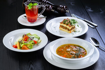 Three-course set menu for a nutritious healthy lunch in a restaurant, Three course set on table in business lunch, food set lunch