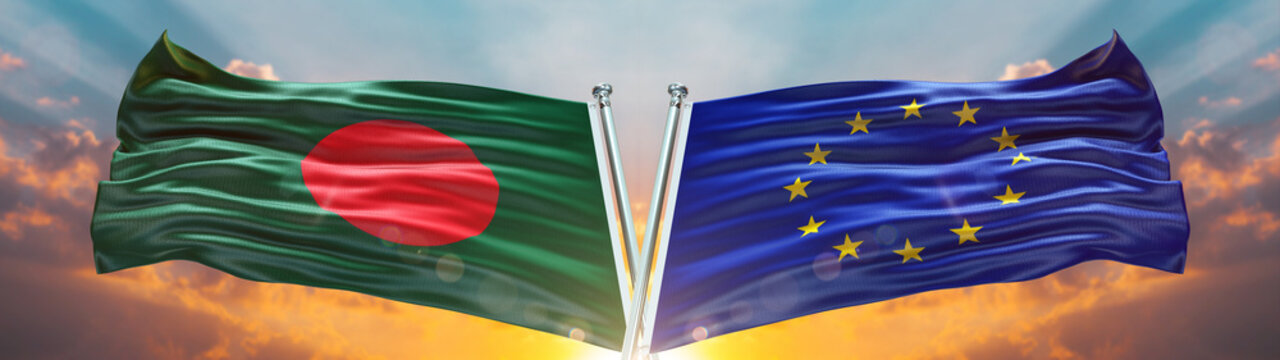Double Flag European Union vs Bangladesh flag waving flag with texture sky clouds and sunset background