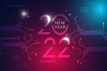 Happy New Year 2022 text design. 2022 Text. Futuristic technology background.