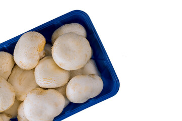 Whole white mushrooms in tray isolated on white background.