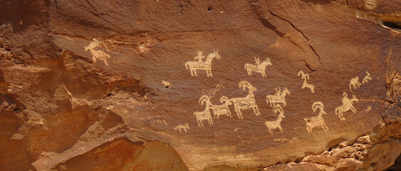 Panoramic View of Big Horn Sheep Petroglyphs - Etched in the stone - Arches National Park, Utah