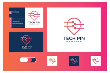 tech pin location logo design with line style and business card
