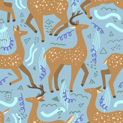 Cute dappled deer flat hand drawn vector seamless pattern. Colorful wallpaper in scandinavian style. Abstract forest animal background. Beautiful design for prints, wrap, textile, fabric, decor, card.