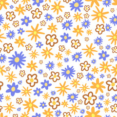 Cute flower doodles hand drawn vector seamless pattern. Colorful background in vintage style. Universal simple design for print, wallpaper, wrapping paper, card, textile, fabric, decoration.