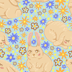 Cute rabbits flat hand drawn vector seamless pattern. Colorful background in scandinavian style. Abstract wallpaper with cartoon animals. Easter design for prints, wrap, textile, fabric, decor, card.