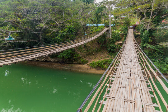 View of Sipatan Twin Hanging Bridge over Loboc river on Bohol island, Philippines