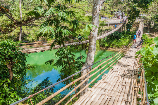 BOHOL, PHILIPPINES - FEB 11, 2018: View of Sipatan Twin Hanging Bridge over Loboc river on Bohol island, Philippines