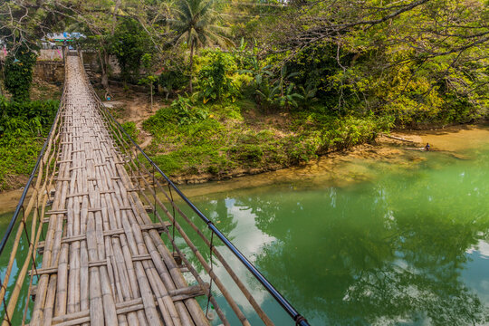 View of Sipatan Twin Hanging Bridge over Loboc river on Bohol island, Philippines