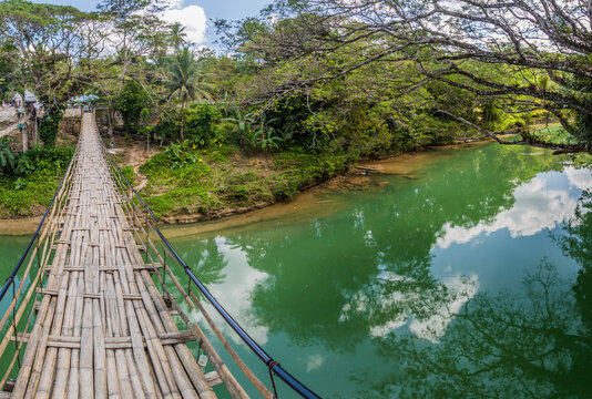 View of Sipatan Twin Hanging Bridge over Loboc river on Bohol island, Philippines