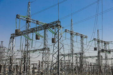 Modern electrical substation on sunny day, low angle view
