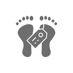 Feet with tag, morgue, dead body gray icon.