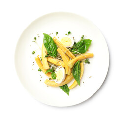 Delicious fresh carrot salad with basil and egg isolated on white, top view