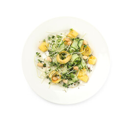 Delicious fresh carrot salad with cucumber isolated on white, top view