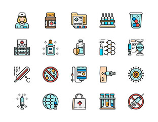 Set of Vaccination Color Line Icon. Medical Jar, Patient Files, Vaccine and more