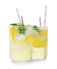Natural lemonade with mint on white background. Summer refreshing drink