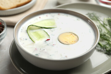 Delicious cold summer soup in bowl, closeup