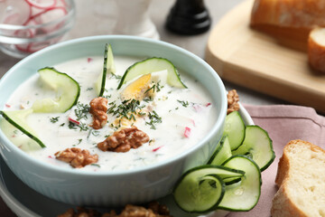 Delicious cold summer soup on table, closeup