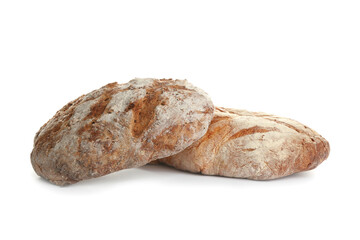 Loaves of delicious fresh bread on white background