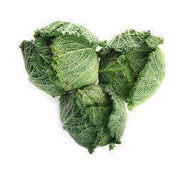 Fresh ripe savoy cabbages on white background, top view