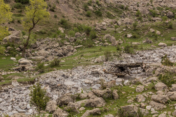 Fototapeta na wymiar Footbridge in Marguzor (Haft Kul) in Fann mountains, Tajikistan