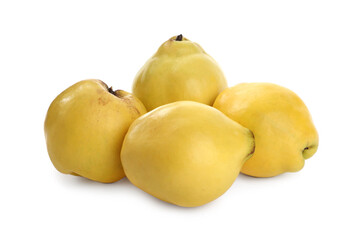 Delicious ripe fresh quinces on white background, closeup