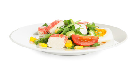 Plate with delicious crab stick salad isolated on white
