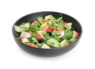 Delicious crab stick salad in black bowl isolated on white