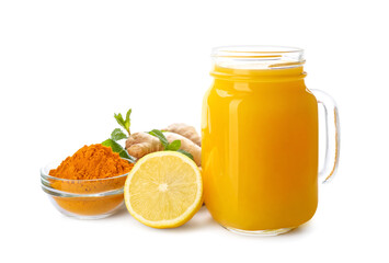 Fototapeta na wymiar Immunity boosting drink with lemon, ginger and turmeric on white background