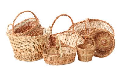 Many different wicker baskets on white background