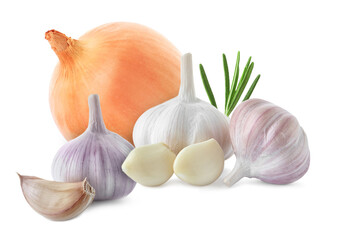 Mix of fresh garlic and onion on white background