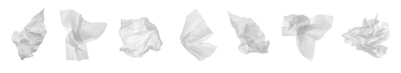 Set with used crumpled paper tissues on white background. Banner design