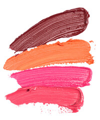 Four Shades of Lipstick and Lip Gloss Swatches on a White Background