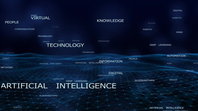 4k abstract Digital blue Wave of particles dance motion on wave and light.Futuristic dots background with a dynamic wave.Big data.Cyber or technology background.artificial intelligence word tag cloud.