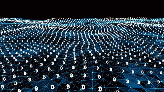 4k abstract Digital blue Wave of particles with bitcoin symbol dance motion on wave and light.Futuristic dots background with a dynamic wave.Big data.Cyber or technology background.