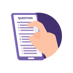 illustration of a hand choosing an answer or answering a question or questionnaire form on the smartphone. survey concept or choice. flat style. design elements