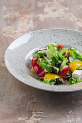 Greek Salad Bowl with Feta Cheese, Tomatoes, Sweet Pepper and Olives