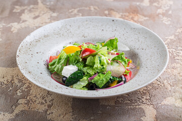 Greek Salad Bowl with Feta Cheese, Tomatoes, Sweet Pepper and Olives