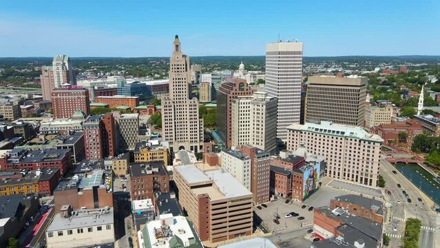 Providence modern city aerial view in downtown providence, Rhode Island RI, USA. The buildings including Industrial National Bank Building, One Financial Plaza, Residences Providence, etc. 