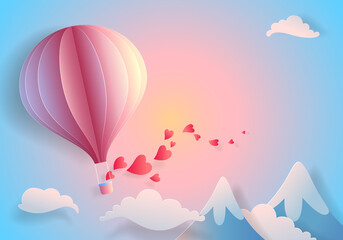 Paper art of heart balloon flying