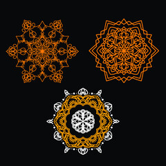 Set of three round mandalas for greeting card, invitation, Henna drawing and tattoo template. Vector illustration