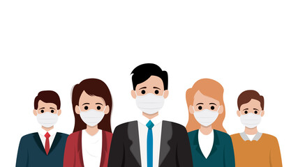 Group of business people wearing medical mask to stop the spread of corona virus.vector illustration	