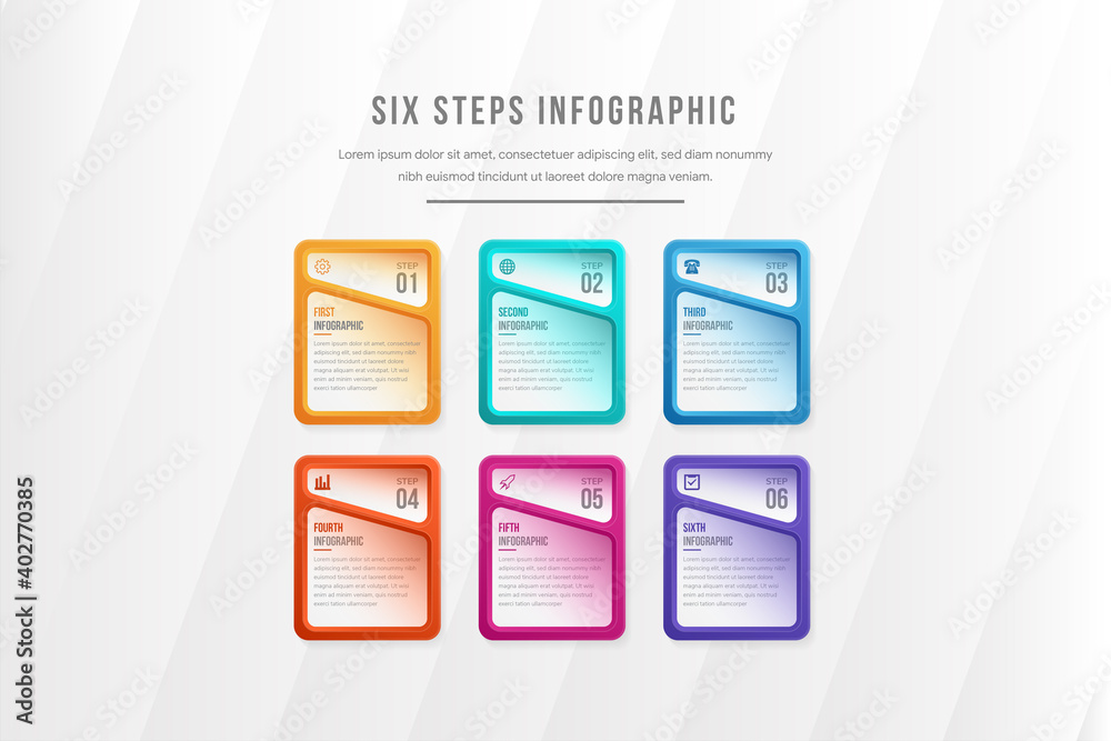 Poster six separate multicolored rectangular elements with numbers, thin line icons and place for text. con