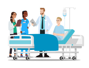 Fototapeta premium Doctor discussing thing with patient and nurses flat vector illustration isolated on white background