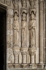 Saint-Étienne Cathedral, Bourges, France. South portal with three typically Gothic sculptures depicting prophets mentioned in the Old Testament.
