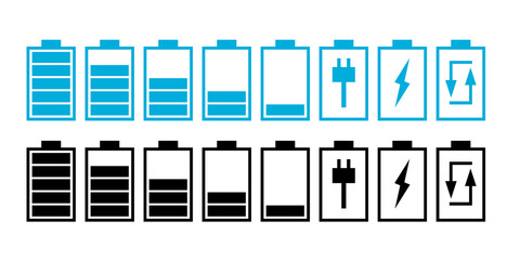 battery shape. blue battery set. black icon Isolated on white background. battery charging indicator with level energyflat style design. vector illustration.