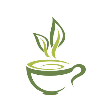 Green herbal tea isolated cup of hot drink. Vector melissa or mint hot beverage with leaves