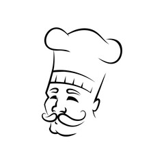 Smiling chef outline vector illustration. Italian baker in chef cap ink pen sketch. Confectioner, gourmet with mustache freehand drawing. Bakery, restaurant logotype. Catering service design element