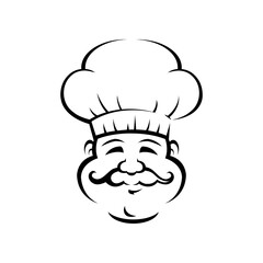 Professional chef outline vector illustration. Smiling chef, baker in hat ink pen sketch. Italian confectioner with mustache freehand drawing. Restaurant, bakery logo. Culinary line art design element